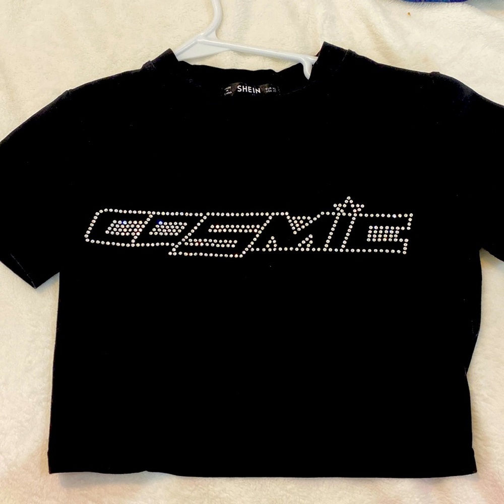 “COSMIC” bedazzled black cropped T-shirt :)